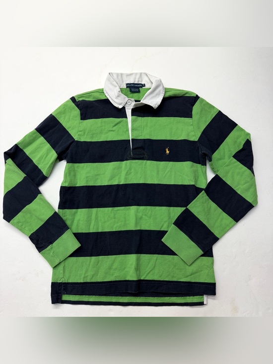 Ralph Lauren Tops - Vintage Y2K Ralph Lauren Green & Navy Blue Striped Rugby Polo Shirt Collared